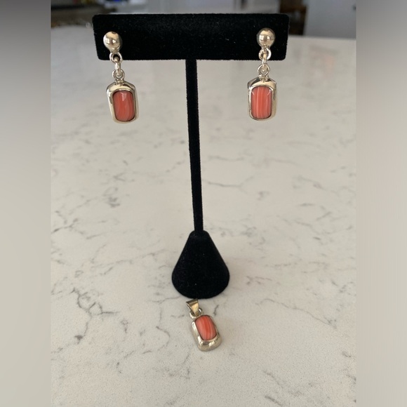.925 Sterling Silver Post Earrings and Pendant with Coral - Picture 2 of 5